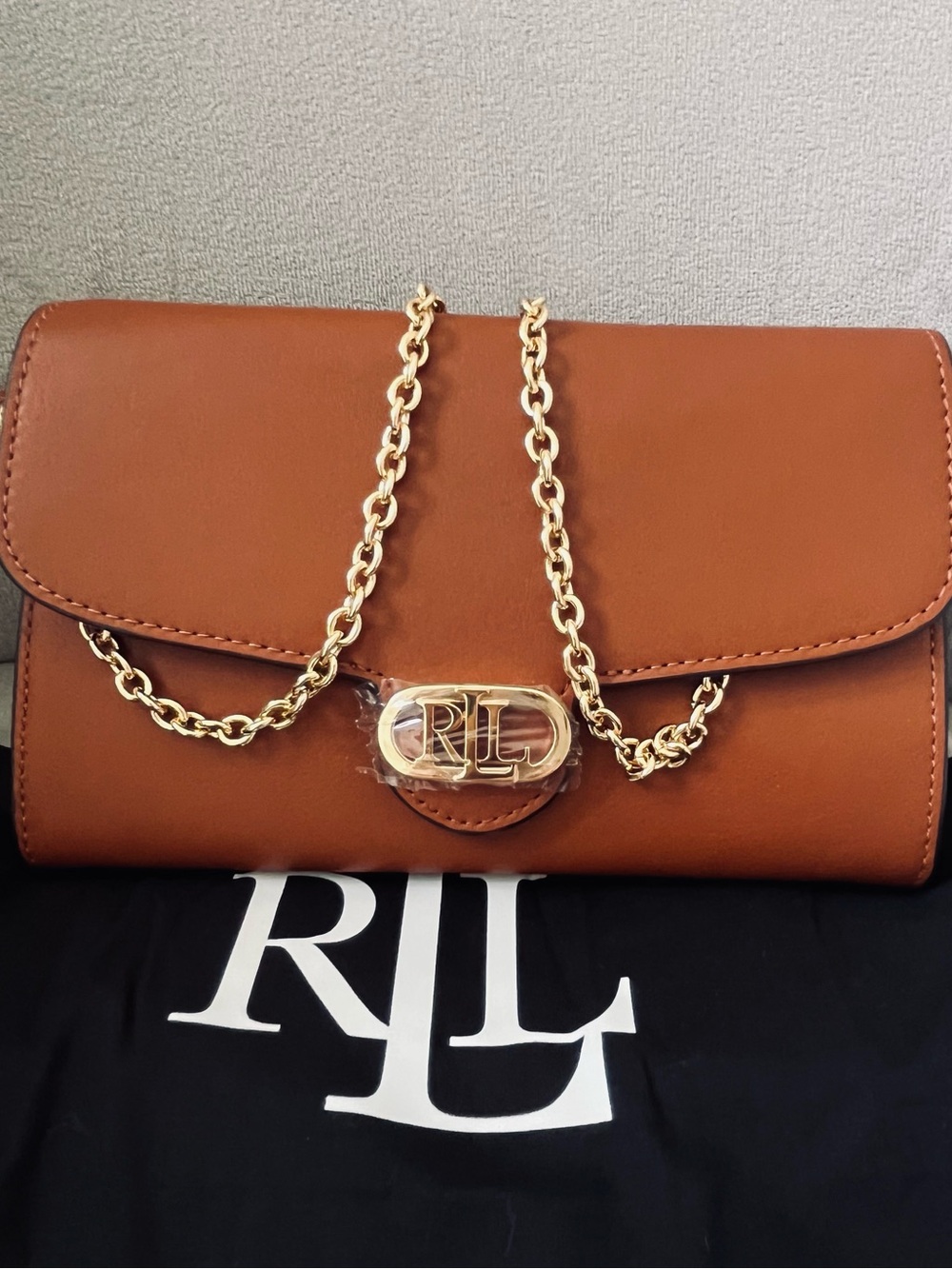 Ralph Lauren Camel Leather Chain Shoulder Bag - RLL Logo